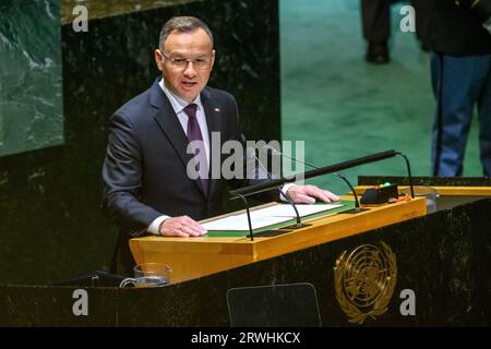 New York, USA, 19. September 2023. Der polnische Präsident Andrzej Duda spricht vor der Eröffnungssitzung der 78. UN-Generalversammlung im Hauptquartier der Vereinten Nationen. Quelle: Enrique Shore/Alamy Live News Stockfoto