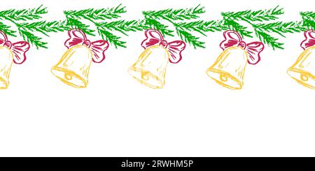 Nahtloser Rahmen. Christbaumzweige mit Dekoration. Zeichnungen mit Wachsmalstifte. Vektordesign für Papier, Abdeckung, Gewebe, Innenausstattung und andere Zwecke Stock Vektor