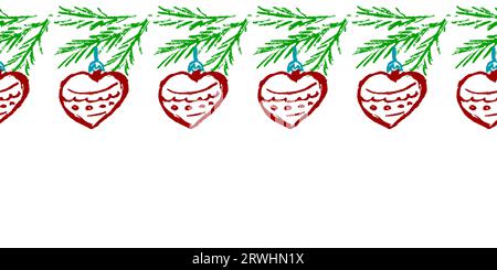 Nahtlose Neujahrsgrenze. Christbaumzweige mit Dekoration. Zeichnungen mit Wachsmalstifte. Vektordesign für Papier, Abdeckung, Stoff, Innendekoration Stock Vektor