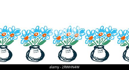 Vase mit Gänseblümchen. Kindlicher nahtloser Rand. Zeichnungen mit Wachsmalstifte. Vektordesign für Papier, Abdeckung, Stoff, Inneneinrichtung und andere Verwendung Stock Vektor