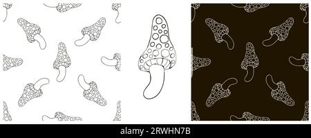 Amanitas. Illustration im Handzeichnen-Stil. Einfarbiges, nahtloses Muster für die Küche. Kann für Gewebe, Verpackungen, Geschenkpapier usw. verwendet werden Stock Vektor