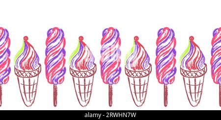 Süßer nahtloser Rand. Eis. Zeichnungen mit Wachsmalstifte. Vektordesign für Papier, Abdeckung, Gewebe und andere Zwecke Stock Vektor