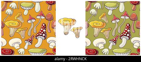 Herbststimmung mit Pilzen. Setzen Sie nahtlose Muster mit Waldpilzen. Kann für Gewebe, Verpackung, Verpackung usw. verwendet werden Stock Vektor