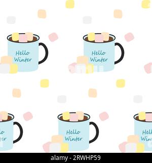 Nahtloses Muster aus Tassen mit den Buchstaben „Hello Winter“, „Drink“ und „Marshmallow“ in trendigen saisonalen Farbtönen. Isolieren. Vektor. EPS. Design für Verpackung, Poster, Banner, Begrüßungen oder Einladungen, Preis oder Etikett Stock Vektor