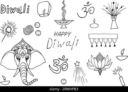 Alles Gute Für Diwali. Indische Festival-Doodling-Sammlung. Verschiedene Dinge zum Feiern. Handgezeichnete Grafiken Stock Vektor