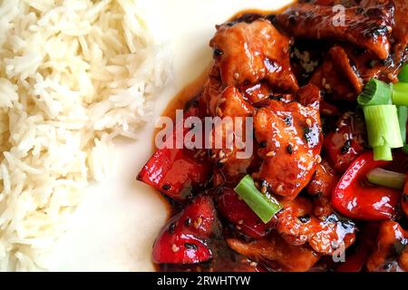 Saftige Fleischstücke in Sauce mit Reis. Köstliches deftiges Fleischgericht, Rindfleisch. Blick von oben, Bulgarien, Nessebar Stockfoto