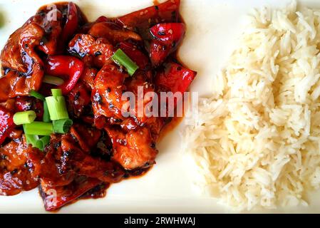 Saftige Fleischstücke in Sauce mit Reis. Köstliches deftiges Fleischgericht, Rindfleisch. Blick von oben, Bulgarien, Nessebar Stockfoto