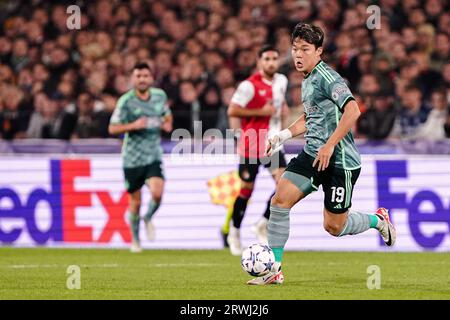 Rotterdam, Niederlande. September 2023. ROTTERDAM, NIEDERLANDE - 19. SEPTEMBER: Hyeongyu Oh of Celtic läuft mit dem Ball während des UEFA Champions League Gruppe-E-Spiels zwischen Feyenoord und Celtic im Stadion Feyenoord am 19. September 2023 in Rotterdam, Niederlande. (Foto von Andre Weening/Orange Pictures) Kredit: Orange Pics BV/Alamy Live News Stockfoto