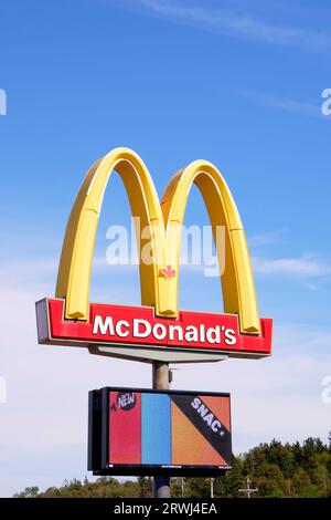 McDonalds Schild umrahmt von einem blauen Himmel, der im Hochformat fotografiert wurde. Stockfoto