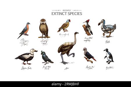 Ausgestorbene Arten. Wilde Säugetiere und Vögel. Dodo. MOA-Passagiertaube Great auk. Pinguin. Maskaren-Papagei. Labrador-Ente. Lachende Eule. Die Hand Stock Vektor