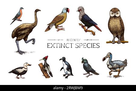Ausgestorbene Arten. Wilde Säugetiere und Vögel. Dodo. MOA-Passagiertaube Great auk. Pinguin. Maskaren-Papagei. Labrador-Ente. Lachende Eule. Die Hand Stock Vektor