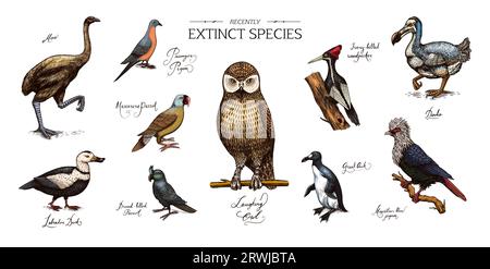 Ausgestorbene Arten. Wilde Säugetiere und Vögel. Dodo. MOA-Passagiertaube Great auk. Pinguin. Maskaren-Papagei. Labrador-Ente. Lachende Eule. Die Hand Stock Vektor