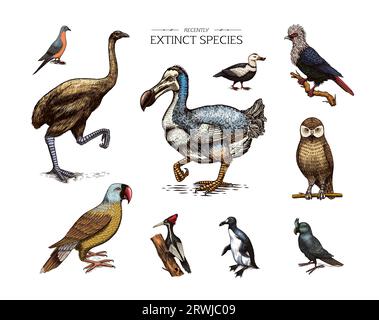 Ausgestorbene Arten. Wilde Säugetiere und Vögel. Dodo. MOA-Passagiertaube Great auk. Pinguin. Maskaren-Papagei. Labrador-Ente. Lachende Eule. Die Hand Stock Vektor