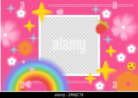 Heißer rosa Crazy Acid y2k Aura ästhetischer Hintergrund. Auffällige grafische Illustration mit Sternen, Blumen und Regenbogen. Stock Vektor