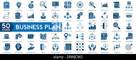 Symbolgruppe „Businessplan“. Konzept des Bannerplans. Enthält Planung, Zeitplan, Strategie, Analyse, Aufgaben, Ziel. Vektor für das Websymbol des Aktionsplans Stock Vektor