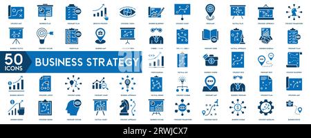 Geschäftsstrategie Set von Websymbolen im Zeilenstil. Symbole für Unternehmenslösungen für Web- und mobile Apps. Aktionsliste, Forschung, Lösung, Team, Marketing Stock Vektor