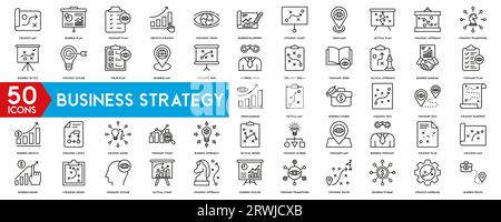 Geschäftsstrategie Set von Websymbolen im Zeilenstil. Symbole für Unternehmenslösungen für Web- und mobile Apps. Aktionsliste, Forschung, Lösung, Team, Marketing Stock Vektor