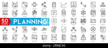 Planungssymbole festgelegt. Planungskonzept, Strategiekarte, Pfadplan, Organisation. Lineare Symbolsammlung... Vektorillustration Stock Vektor