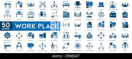 Symbolgruppe Arbeitsplatz. Mit Aktenkoffer, Schreibtisch, Computer, Meeting, Mitarbeiter, Symbol für Zeitplan und Mitarbeiter. Vektorsammlung für Volumenkörpersymbole im Arbeitsbereich. Stock Vektor
