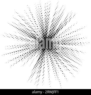 Halbton-Burst-Hintergrund. Abstraktes gepunktetes Starburst-Element. Leuchtend leichter, strukturierter Grunge-Effekt. Pop-Art-Stil, Punktexplosion. RETRO Noise Grain SHINE STAR FLARE. Vektorillustration Stock Vektor