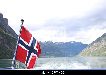 Norwegische Flagge im Geirangerfjord Stockfoto