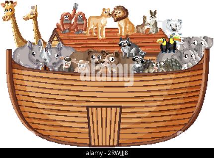 Eine skurrile Karikaturillustration, die die Geschichte von Tieren in der Arche Noah zeigt Stock Vektor