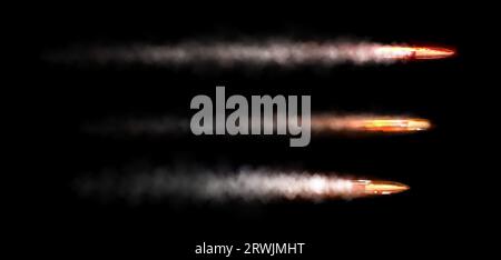 Fluggewehrkugel mit Feuerrauchspur-Vektor. Bewegungsaufnahme bis zum Ziel beschleunigen. Realistischer isolierter militärischer Munitionsschnellschuss mit fla Stock Vektor