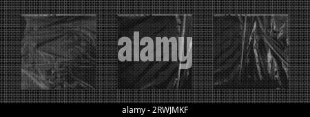 Kunststoffhülle mit Überlagerungseffekt für Verpackungsabdeckung. Realistische Vektor-Illustration Set aus transparenter Folie oder Folienband-Textur. Zerknittertes gestrecktes Päckchen Stock Vektor