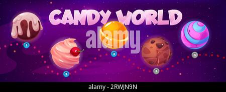 Candy Space ui Spielebene Karte Galaxie Vektor Hintergrund. Fantasy Magic Sweet Food World Design. 2D kindlicher Straßenfortschritt im Kosmos zum Ziel in App inte Stock Vektor