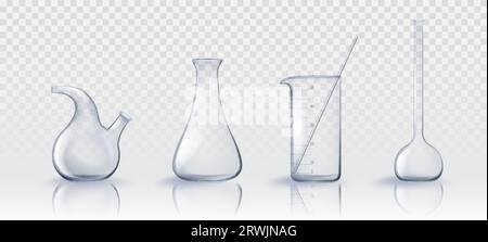 3D-Chemie-Labor-Test-Glasbecher realistischer Vektor. Laborklarglas-Wissenschaftsröhrenausrüstung auf transparentem Hintergrund. Leere Messung Stock Vektor