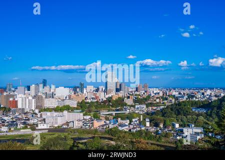 Blick auf die Stadt Sendai von den Ruinen der Burg Sendai Stockfoto