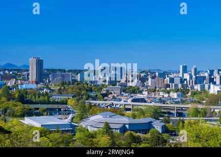 Blick auf die Stadt Sendai von den Ruinen der Burg Sendai Stockfoto