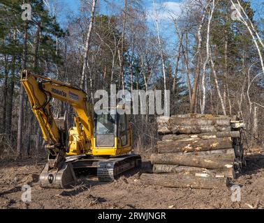 CROW WING CO, MN - 3. MAI 2023: Ein Holzstamm befindet sich neben einem gelben schweren Komatsu-Bagger auf einer zukünftigen neuen Baustelle für Wohngebäude Stockfoto