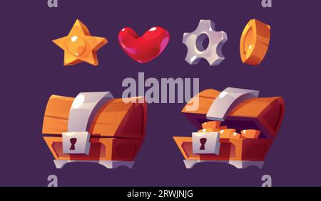 Goldene und Brust-ui-Vektor-Symbolsatz. Casino-Cartoon-Interface-Paket mit Schloss und offener Geldbox, Herz-, Stern-, Münz- und Ausrüstungseinstellungen. 2d fa Stock Vektor