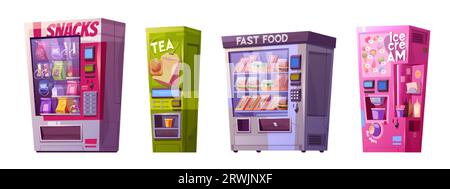 Verkaufsautomaten mit Fast Food, Snacks, Tee und Eis. Ausrüstung für den automatischen Verkauf von Mahlzeiten und Getränken. Zeichentrickvektorsatz für den Einzelhandel, automatisiert d Stock Vektor