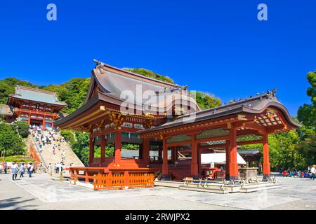 Hauptschrein und Maiten (Tanzsaal) des Tsuruoka Hachimangu-Schreins Stockfoto