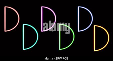 Setzen Sie geometrische halbkreisförmige leuchtende Desktop-Symbole, geometrische Neon-Halbkreisaufkleber, Neon-Figuren, leuchtende Figuren, geometrische Neon-Figuren Stockfoto