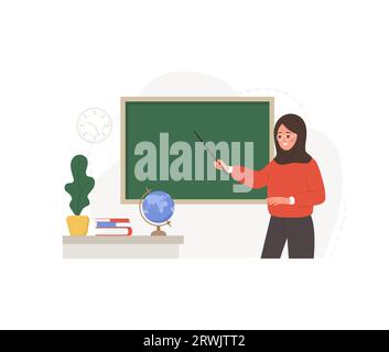 Arabische Lehrerin im Klassenzimmer. Pädagoge mit Pointer am Schwarzen Brett. Schule und College-Konzept. Vektorillustration im flachen Cartoon-Stil Stock Vektor