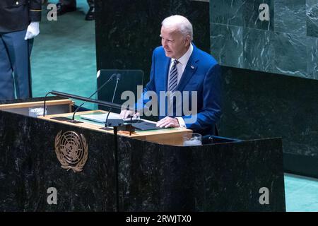 New York, Usa. September 2023. US-Präsident Joe Biden spricht vor der 78. Generalversammlung der Vereinten Nationen am 19. September 2023 im Hauptquartier der Vereinten Nationen in New York City. Quelle: Brasilien Photo Press/Alamy Live News Stockfoto