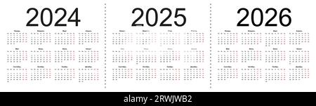 Kalenderraster für 2024, 2025 und 2026 Jahre. Einfache horizontale Vorlage in russischer Sprache. Die Woche beginnt am Montag. Isolierte Vektordarstellung auf Stock Vektor