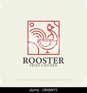 Outline Chicken Rooster Restaurant Logo Design mit Grunge-Stil, Retro gebratene Hühnchen Restaurant Icon Vektor Illustration Stock Vektor