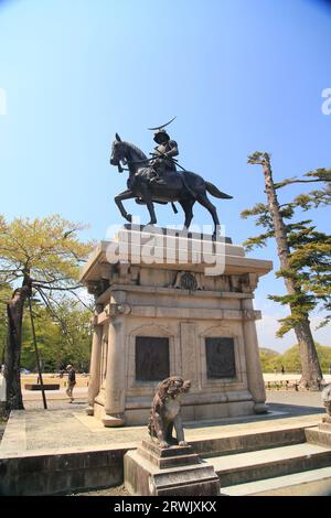 Statue von Date Masamune auf einem Pferd Stockfoto