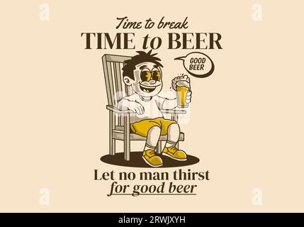 Zeit für eine Pause zum Bier, ein Mann sitzt auf dem Stuhl und hält ein Glas Bier, Illustration im Vintage-Stil Stock Vektor