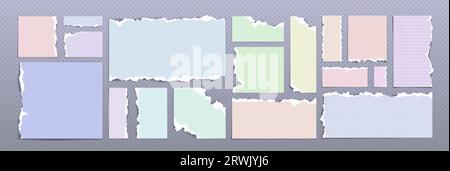 Streifen und Stücke von gerissenem farbigem Papier – sauberer, quadratischer, ausgestrichener und gepunkteter Schrott mit gebrochenen und gerissenen Kanten. Realistische Vektorillustration Satz von geschnittenen quadratischen und rechteckigen Notizblock-Seitenfragmenten. Stock Vektor