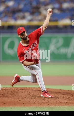 St. Petersburg, FL USA; Los Angeles Angels Starting Pitcher Patrick Sandoval (43) liefert ein Pitch während eines MLB-Spiels gegen die Tampa Bay Rays auf Tu Stockfoto