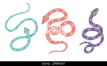 Vektorsatz von Zeichentrickschlangen isoliert von weißem Hintergrund. Clipart Kollektion von Schlangen in verschiedenen Posen in Pastellfarben mit Dekorationen Stock Vektor