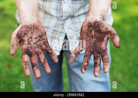 Ein Mann zeigt schmutzige Hände nach Gartenarbeit Stockfoto