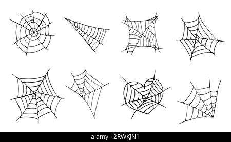 Web Spider cobweb Symbolsatz. Umrisszeichnung von 8 Webspider-cobweb-Vektorsymbolen. Stock Vektor