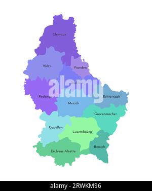 Vektor-isolierte Illustration der vereinfachten Verwaltungskarte des Großherzogtums Luxemburg. Grenzen und Namen der Kantone. Mehrfarbige Silhouette Stock Vektor