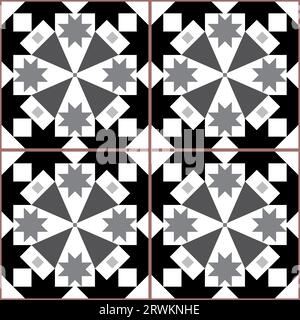 Azulejo Fliese im Lissabonner Stil nahtloses Vektor-Muster in Schwarz und Grau, elegantes dekoratives Design, inspiriert von Kunst aus Portugal mit Blumen und geometrischen Motiven Stock Vektor